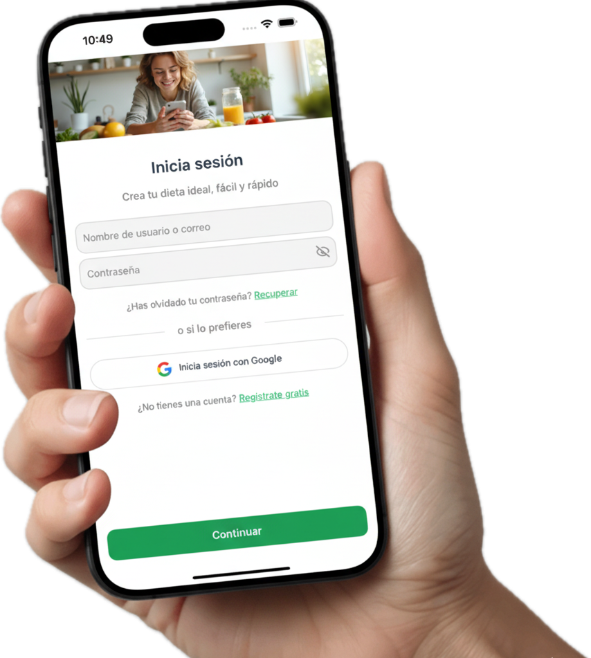 Vista previa de la app FastDiet Mano sosteniendo un iPhone con la app FastDiet