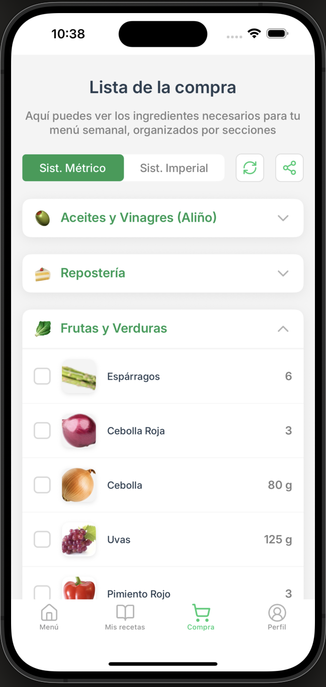 Obtén tu lista de la compra en segundos - Funcionalidad destacada de FastDiet Vista previa de la funcionalidad: Obtén tu lista de la compra en segundos