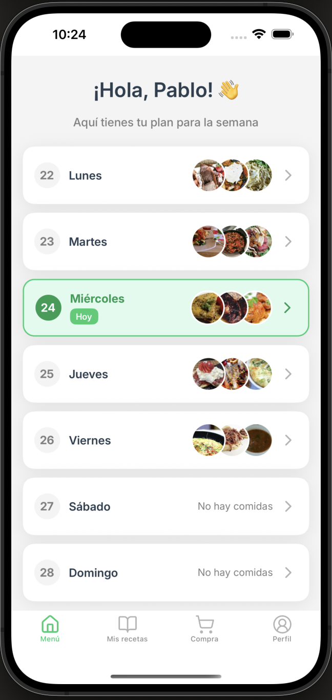 Menús semanales a tu medida - Funcionalidad destacada de FastDiet Vista previa de la funcionalidad: Menús semanales a tu medida